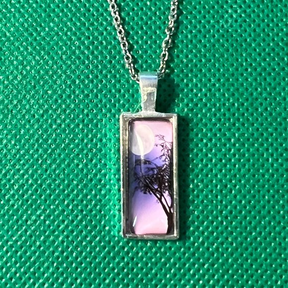 Purple Sky with Moon & Silhouette Tree Silver Tone Rectangular Pendant Necklace - Picture 1 of 5